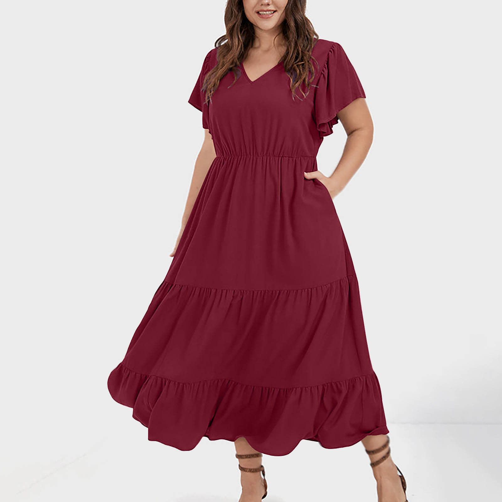 thumbnail image 2 of Vestido informal de talla grande para mujer con cuello en V, color liso, mangas con volantes y pliegues - Poliéster, moda de verano, 2 of 5